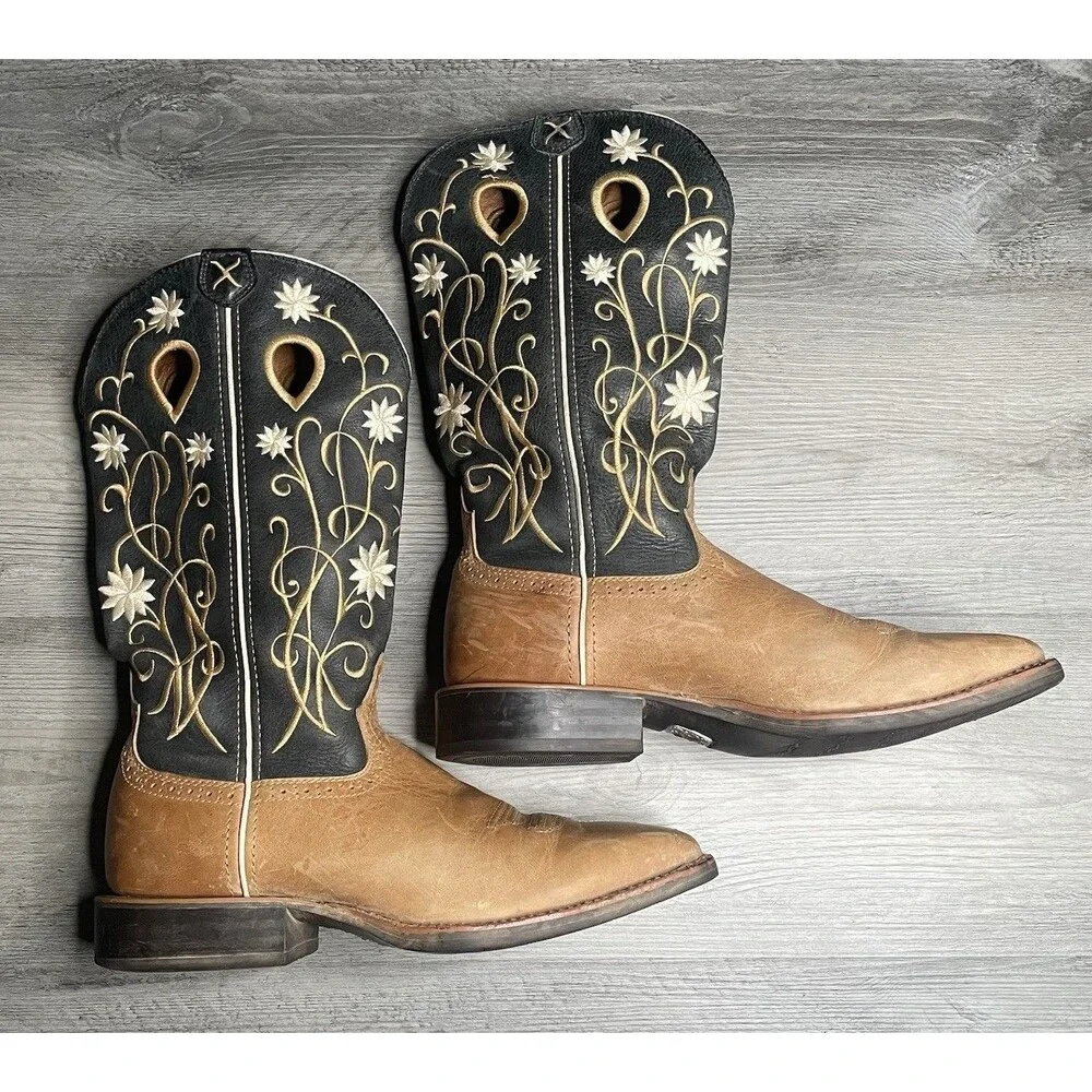 Twisted X Women’s Floral Embroidered Boots Black/Tan Cowgirl Sz 9.5 B